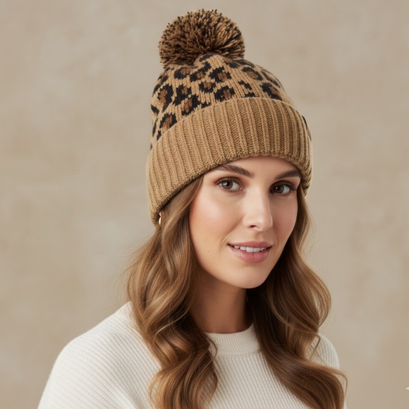 C.C Leopard Pom Beanie | Fuzzy Knit Winter Hat | Animal Print Beanie 🐆 - Picture 1 of 9